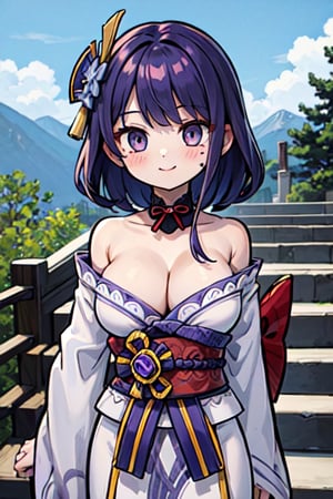 (chibi), full body, solo, 1girl,raidenshogundef, upper body, smile, blush, outdoors, day, simple background, blue sky, short hair, sky, temple, looking at viewer, stairs, mountain, moody lighting, facing viewer, large breasts, hair flower, looking at viewer, long hair, purple hair, ribbon, mole, closed mouth, purple flower,