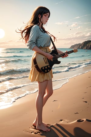 In this photographic scene, a woman finds solace on a beach, her toes sinking into the golden sand. The sound of her guitar resonates through the air as the sun reaches its peak, creating peaceful midday vista, open eyes,kitagawa marin