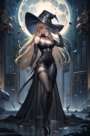  solo,black witch,balck witch hat,black witch dress,detailed face and eyes,1 girl,cleavage,playing, large moon in background, cyberpunk ,styled in Art Nouveau,insanely detailed, embellishments,high definition,concept art, digital art, tarot card,dynamic pose,full body,asia_argento,blonde hair,green eyes,parted bangs