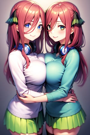 nakano nino, 2girls, pink hair, breast press, hugging, symmetrical docking, butterfly hair ornament, smile, white shirt, white thighhighs,  green skirt, black open cardigan, highly detailed, absurdres, masterpiece,  
AND nakano miku, 2girls, brown hair, hugging, breast press, symmetrical docking, hair between eyes, smile, pantyhose, green skirt, blue cardigan, headphones, highly detailed, absurdres, masterpiece,  