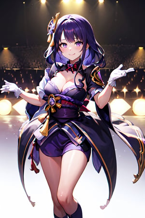 1girl, solo, full body,masterpiece, high definition,cleavage, playing,best quality, highres,((crown, gloves, dress,mfs)),(( background concert stage)),smile,raidenshogundef,long hair, purple hair, purple eyes