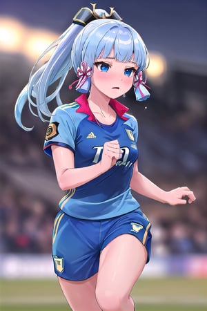 (wearing soccer_uniform:1.3),silver uniform, good hand,4k, high-res, masterpiece, best quality, head:1.3,((Hasselblad photography)), finely detailed skin, sharp focus, (cinematic lighting), collarbone, night, soft lighting, dynamic angle, [:(detailed face:1.2):0.2],(((inside_soccer_field))), solo,wearing, soccer_uniform,inside soccer_field,KAMISATOAYAKADEF