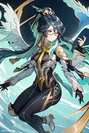 perfect face, bright pupils, (finely detailed beautiful eyes:1.1), blue eyes, shiny skin, lustrous skin, wide hips, narrow waist, long hair, glasses, semi-rimless eyewear, ponytail, multicolored hair(black and green), hair ornament, earrings, full body,1girl, solo,  mecha armor, robot, mechanical wings, galaxy, space, xianyun, low twintails,long hair,valsione r