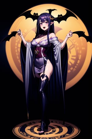 Halloween style, ((vampire costumes)), 1girl, colorful, elemental, fire, best quality, full body, Wide Shot, magic Circle, Circle, background full moon, raidenshogundef, long hair, purple hair, purple eyes