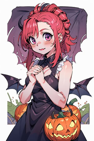 (pumpkin color cute background:1.3), rough sketch tiny girl, (succubus:0.8), fluffy dress, devil's black horns, devil's black wings, ((griping the edge of pumpkin lantern with hands)), looking at viewer, (Helltaker:1.1),km1