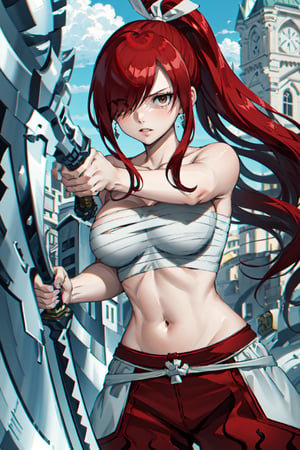 masterpiece, best quality, highres, fairy tail, 1girl, long hair, red hair, ponytail, white ribbon, hair over one eye, brown eyes, large breasts, collarbone, chest sarashi, bandage, bare arms, midriff, red hakama, red pants, , standing, holding weapon, sword, katana, outdoors,
