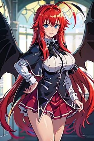 best quality, 1girl, solo, big breasts, sexy pose, different poses, smile,batgirl, suit, red cape, red skirt, landscape, red hair, blue_eyes, long hair,1GIRL RIAS_GREMORY