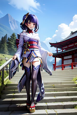 raidenshogundef, full body, smile, blush, outdoors, day, simple background, blue sky, short hair, sky, temple, looking at viewer, stairs, mountain, moody lighting, facing viewer,long hair