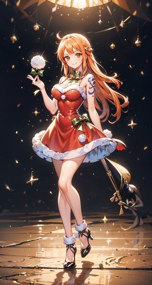 merry_christmas, smile, christmas dress, in a snowball,nami (one piece), long hair, orange hair, brown eyes, shoulder tattoo,Christmas,anime,1 girl, ((full body))