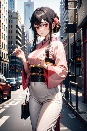 The image shows a woman in a pink kimono standing on a street in a city. She has long, black hair and is wearing a white blouse and pink kimono. She is holding a purse and has a cigarette in her hand. The background is a city street with buildings and cars in the distance. The overall mood of the image is sexy and alluring,china dress with heart cutout, red eyes,bbyorf