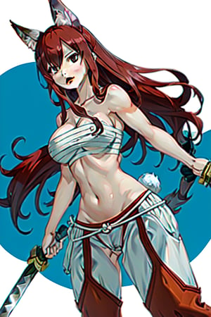 closed mouth, solo, white background, cameltoe, swimsuit, simple background, navel, fox ears, large breasts, tail, fox girl, animal ear fluff, multiple tails, collarbone, cleavage, looking at viewer, blush, fox tail, animal ears, masterpiece, best quality, highres, fairy tail, 1girl, long hair, red hair, ponytail, white ribbon, hair over one eye, brown eyes, large breasts, collarbone, chest sarashi, bandage, bare arms, midriff, red hakama, red pants, , standing, holding weapon, sword, katana, outdoors,
