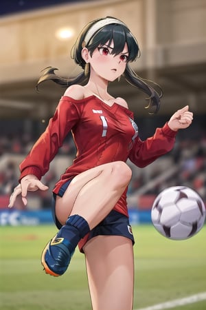 (kicking the ball,wearing soccer_uniform:1.3),red uniform,kicking the ball,
good hand,4k, high-res, masterpiece, best quality, head:1.3,((Hasselblad photography)), finely detailed skin, sharp focus, (cinematic lighting), collarbone, night, soft lighting, dynamic angle, [:(detailed face:1.2):0.2],(((inside_soccer_field))), outside, BBYORF, short hair with long locks, white hairband, red eyes, gold earrings, large breasts, jewelry, off shoulder, red sweater, sweater dress, long sleeves, black pant,wearing soccer_uniform