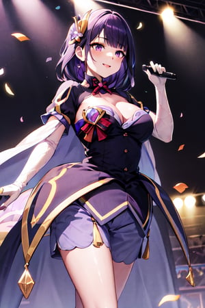 ((masterpiece, best quality), detailed, highres, extremely detailed, beautiful detailed eyes, ultra-detailed),1girl, solo, full body,cleavage, playing,((crown, gloves, dress,mfs)),((Idol girl in dress dancing on stage with confetti)),smile, splash art anime,(long hair:0.7, purple hair, purple eyes), raiden \(genshin impact\)