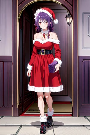 The image shows a woman wearing a ((red dress with and a white Santa hat)). The woman has short ((purple hair)) and wears a red and white striped scarf around her neck. She is smiling and holding a small gift box in her hand. The background is a white wall with a red and white striped border. The overall mood of the image is joyful and festive, ((full body)),red eyes, (((big breats))),1gril, solo, Yuzuki, x-ray glasses