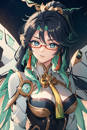 perfect face, bright pupils, (finely detailed beautiful eyes:1.1), blue eyes, shiny skin, lustrous skin, wide hips, narrow waist, long hair, glasses, semi-rimless eyewear, ponytail, multicolored hair(black and green), hair ornament, earrings, upper body,1girl, solo, (mecha armor, robot, mechanical wings, galaxy, space), xianyun, low twintails,long hair,valsione r