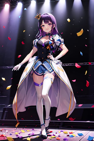 1girl, solo, full body,masterpiece, high definition,cleavage, playing,best quality, highres,((crown, gloves, dress,mfs)),(( Idol girl in dress dancing on stage with confetti)),smile, splash art anime,(long hair, purple hair, purple eyes)