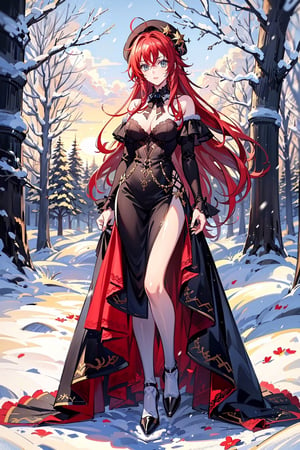 Perfect face, perfect body, perfect eyes, glamorous, gorgeous, delicate, romantic, (french beret woman, winter christmas clothes, romanticism, Harrison Fisher dark twist style, by Tokaito),((sunrise,Snowy forest)),1 girl, ((full body),rias gremory