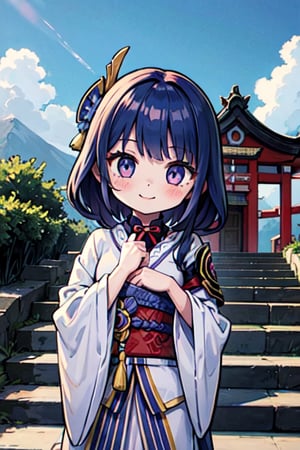 (chibi), full body, solo, 1girl,raidenshogundef, upper body, smile, blush, outdoors, day, simple background, blue sky, short hair, sky, temple, looking at viewer, stairs, mountain, moody lighting, facing viewer, long hair, ribbon,