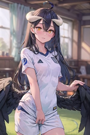(wearing soccer_uniform:1.3),white uniform, good hand,4k, high-res, masterpiece, best quality, head:1.3,((Hasselblad photography)), finely detailed skin, sharp focus, (cinematic lighting), collarbone, night, soft lighting, dynamic angle, [:(detailed face:1.2):0.2],(((inside_soccer_field))), solo,wearing, soccer_uniform,inside soccer_field,wearing soccer_uniform, al1, demon horns, slit pupils, black wings, feathered wings, low wings,black hair