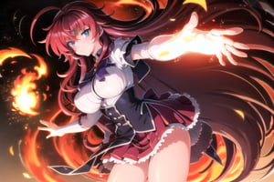 1GIRL RIAS_GREMORY,red hair, ahoge, blue eyes,very long hair, parted bangs, sailor senshi uniform, red sailor collar, red skirt, elbow gloves, standing, cowboy shot, smile, cartoon flames in background, stylized background,