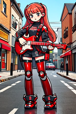 Raw photo, masterpiece, photo-realistic, best quality, 
full length body,
18yo girl cyborg full body  shiny red metal robot playing an electric guitar, sanding in front of marshall guitar amplifier and speaker stack
out side in the street in front of shops
