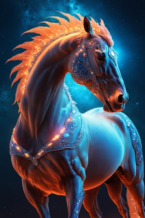 Celestial (alien:1.2) creature in horse shape, with blue and oranje opalescent skin and iridiscent scales, masterpiece, absolutely perfect, stunning image, visually rich, intricately detailed, concept art, by Mschiffer, glowy, cinematic, UHD wallpaper, 3d, octane render, volumetric lights,Movie Still