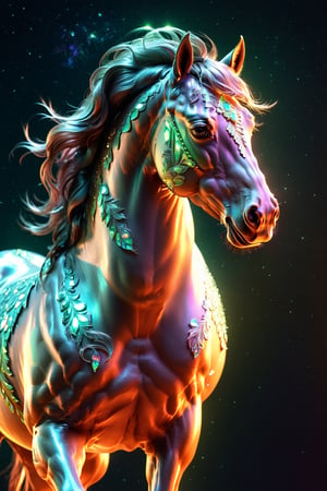 Cosmic creature in horse shape, with opalescent skin and iridiscent scales, masterpiece, absolutely perfect, stunning image, visually rich, intricately detailed, concept art, by Mschiffer, glowy, cinematic, UHD wallpaper, 3d, octane render, volumetric lights,Movie Still