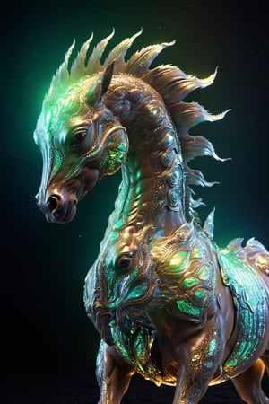 Celestial (alien:1.1) creature in horse shape, with opalescent skin and iridiscent scales, masterpiece, absolutely perfect, stunning image, visually rich, intricately detailed, concept art, by Mschiffer, glowy, cinematic, UHD wallpaper, 3d, octane render, volumetric lights,Movie Still,6000