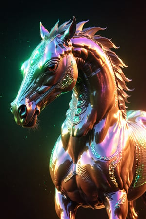 Alien creature in horse shape, with opalescent skin and iridiscent scales, masterpiece, absolutely perfect, stunning image, visually rich, intricately detailed, concept art, by Mschiffer, glowy, cinematic, UHD wallpaper, 3d, octane render, volumetric lights,Movie Still