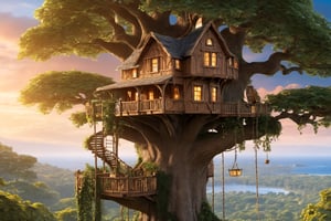 (wallpaper:1.2) ,best quality ,Ultra-detailed image of a (wallpaper:1.2) ,best quality Ultra-detailed image A majestic treehouse perched atop a towering oak tree, surrounded by lush foliage and a vibrant sky. Brown cat,waterfall, sea