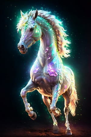 Cosmic creature in horse shape, with opalescent skin and iridiscent scales, masterpiece, absolutely perfect, stunning image, visually rich, intricately detailed, concept art, by Mschiffer, glowy, cinematic, UHD wallpaper, 3d, octane render, volumetric lights,Movie Still