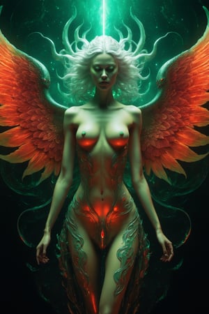 best quality goddess with whie hair translucent luminous burning phoenix wings and symmetrical biomechanical ornaments luminous covered full body tattoo levitation in cosmic outer space, green and red fire, epic, action pose, cosmos, energy, by H.R. Giger, cinematic light, cyberpunk, masterpiece, high detail, best quality, high resolution, hyper perspective, 3D shading, Octane Render, 8K resolution, trending on Artstation, ultra detailed, ultra accurate detailed, photo, perfect composition, beautiful detailed intricate insanely detailed octane render trending on artstation, 8 k artistic photography, photorealistic concept art, soft natural volumetric cinematic perfect light, chiaroscuro, award - winning photograph, masterpiece, oil on canvas, raphael, caravaggio, greg rutkowski, beeple, beksinski, giger,Movie Still