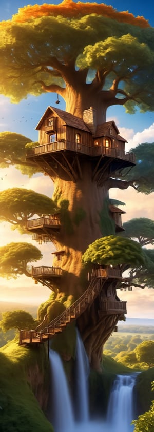 (wallpaper:1.2) ,best quality ,Ultra-detailed image of a (wallpaper:1.2) ,best quality Ultra-detailed image A majestic treehouse perched atop a towering oak tree, surrounded by lush foliage and a vibrant sky. Brown cat,waterfall, sea,EpicSky