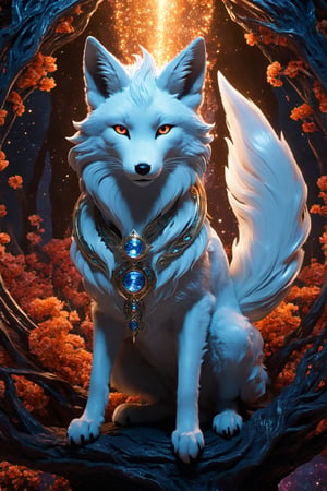 Lumina, the Celestial Fox, a 2-foot-tall marvel, enchants with silver fur shimmering like stars. Its sapphire-blue eyes mirror the cosmos. Nine tails represent celestial elements, leaving stardust trails and an aura of enchantment. Whispers claim Lumina's cosmic wisdom and blessings, awing all with its magic, detailed matte painting, deep color, fantastical, intricate detail, splash screen, complementary colors, fantasy concept art, 8k resolution trending on Artstation Unreal Engine 5,Movie Still,greg rutkowski