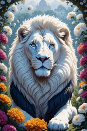a painting of a white lion surrounded by flowers by Juliette Wytsman, Artstation, fantasy art, made of flowers, detailed painting, aesthetic,Movie Still,Film Still,Cinematic,Cinematic Shot
