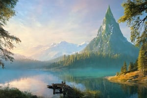 (wallpaper:1.2) ,best quality ,fantasy world, (elven wizard house:1.3) , fabulous coniferous forest near a clear mountain lake, magic, richness of colors, (ultra-quality light, masterpiece, wallpaper, ultra-detailed, panoramic photo: 1.3) , style of Ivan Aivazovsky,EpicLand,greg rutkowski,Looking at the sky