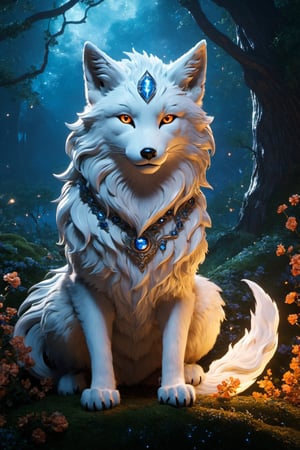 Lumina, the Celestial Fox, a 2-foot-tall marvel, enchants with silver fur shimmering like stars. Its sapphire-blue eyes mirror the cosmos. Nine tails represent celestial elements, leaving stardust trails and an aura of enchantment. Whispers claim Lumina's cosmic wisdom and blessings, awing all with its magic, detailed matte painting, deep color, fantastical, intricate detail, splash screen, complementary colors, fantasy concept art, 8k resolution trending on Artstation Unreal Engine 5,Movie Still,greg rutkowski