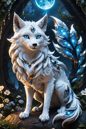 Lumina, the Celestial Fox, a 2-foot-tall marvel, enchants with silver fur shimmering like stars. Its sapphire-blue eyes mirror the cosmos. Nine tails represent celestial elements, leaving stardust trails and an aura of enchantment. Whispers claim Lumina's cosmic wisdom and blessings, awing all with its magic, detailed matte painting, deep color, fantastical, intricate detail, splash screen, complementary colors, fantasy concept art, 8k resolution trending on Artstation Unreal Engine 5,Movie Still,greg rutkowski