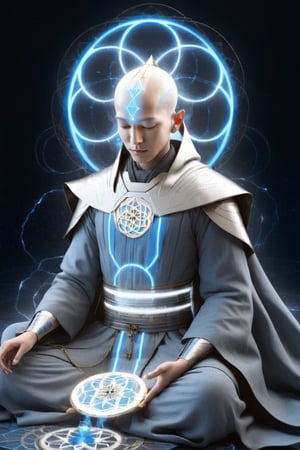 cinematic, ultra realistic,Silver Mind,cyborg monk meditating, simple blue robe, Art Technology, sparks and surges, arcs of electricity, silver flower of life as read geometry background, ready to print, black background, vibrant,Sci-fi,