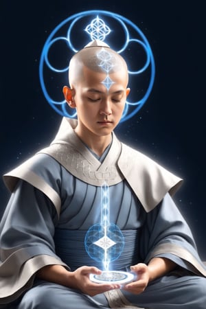 cinematic, ultra realistic,Silver Mind,cyborg monk meditating, simple blue robe, Art Technology, sparks and surges, arcs of electricity, silver flower of life as read geometry background, ready to print, black background, vibrant,Sci-fi,Leonardo Style