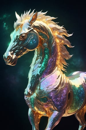 Celestial (alien:1.2) creature in horse shape, with opalescent skin and iridiscent scales, masterpiece, absolutely perfect, stunning image, visually rich, intricately detailed, concept art, by Mschiffer, glowy, cinematic, UHD wallpaper, 3d, octane render, volumetric lights,Movie Still,6000