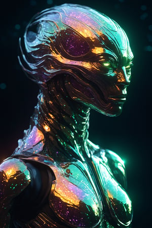 Alien creature in humanoid shape, with opalescent skin and iridiscent scales, masterpiece, absolutely perfect, stunning image, visually rich, intricately detailed, concept art, by Mschiffer, glowy, cinematic, UHD wallpaper, 3d, octane render, volumetric lights,Movie Still