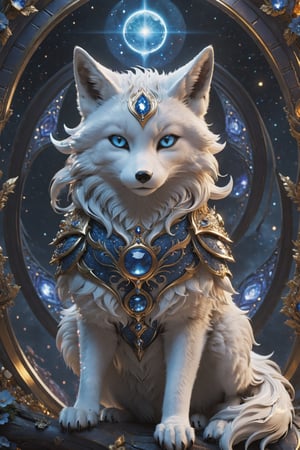Lumina, the Celestial Fox, a 2-foot-tall marvel, enchants with silver fur shimmering like stars. Its sapphire-blue eyes mirror the cosmos. Nine tails represent celestial elements, leaving stardust trails and an aura of enchantment. Whispers claim Lumina's cosmic wisdom and blessings, awing all with its magic, detailed matte painting, deep color, fantastical, intricate detail, splash screen, complementary colors, fantasy concept art, 8k resolution trending on Artstation Unreal Engine 5,Movie Still,greg rutkowski