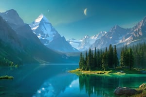 ((( wallpaper))) ,((best quality)),fantasy world, elven wizard house , fabulous coniferous forest near a clear mountain lake, magic, richness of colors, (ultra-quality light, masterpiece, wallpaper, ultra-detailed, panoramic photo: 1.3) , style of Ivan Aivazovsky,  by H.R. Giger and Alphonse Mucha ,6000,Leonardo Style