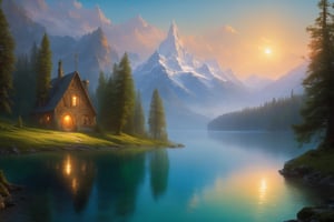 (wallpaper:1.2) ,best quality ,fantasy world, (elven wizard house:1.3) , fabulous coniferous forest near a clear mountain lake, magic, richness of colors, (ultra-quality light, masterpiece, wallpaper, ultra-detailed, panoramic photo: 1.3) , style of Ivan Aivazovsky,EpicLand,greg rutkowski,Looking at the sky,Movie Still