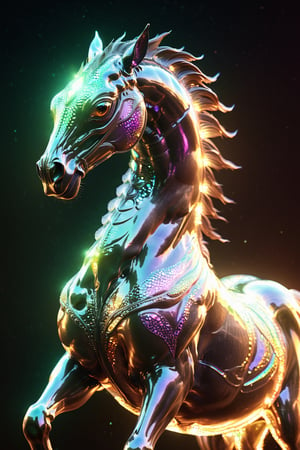 Alien creature in horse shape, with opalescent skin and iridiscent scales, masterpiece, absolutely perfect, stunning image, visually rich, intricately detailed, concept art, by Mschiffer, glowy, cinematic, UHD wallpaper, 3d, octane render, volumetric lights,Movie Still