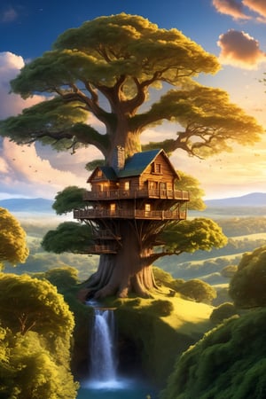 (wallpaper:1.2) ,best quality ,Ultra-detailed image of a (wallpaper:1.2) ,best quality Ultra-detailed image A majestic treehouse perched atop a towering oak tree, surrounded by lush foliage and a vibrant sky. Brown cat,waterfall, sea,EpicSky