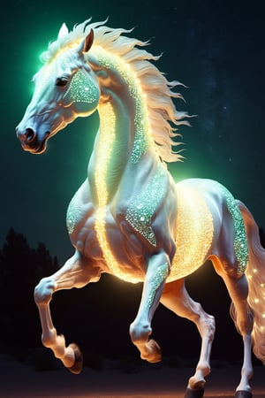 Celestial (alien:1.15) creature in horse shape, with opalescent skin and iridiscent scales, masterpiece, absolutely perfect, stunning image, visually rich, intricately detailed, concept art, by Mschiffer, glowy, cinematic, UHD wallpaper, 3d, octane render, volumetric lights,Movie Still