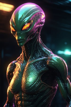 Alien creature in humanoid shape, with opalescent skin and iridiscent scales, masterpiece, absolutely perfect, stunning image, visually rich, intricately detailed, concept art, by Mschiffer, glowy, cinematic, UHD wallpaper, 3d, octane render, volumetric lights,Movie Still
