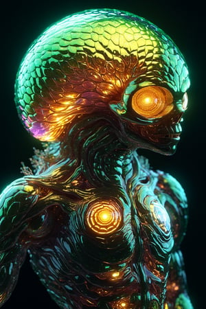 Organoid creature in humanoid shape, with opalescent skin and iridiscent scales, masterpiece, absolutely perfect, stunning image, visually rich, intricately detailed, concept art, by Mschiffer, glowy, cinematic, UHD wallpaper, 3d, octane render, volumetric lights,Movie Still